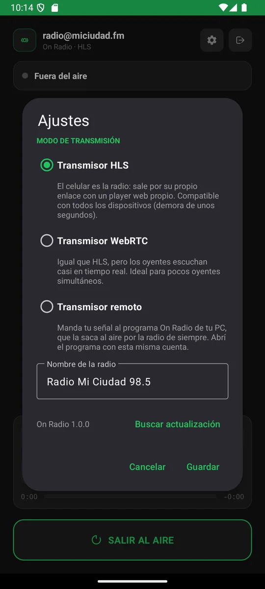 App On Radio: modos Transmisor HLS, WebRTC y remoto