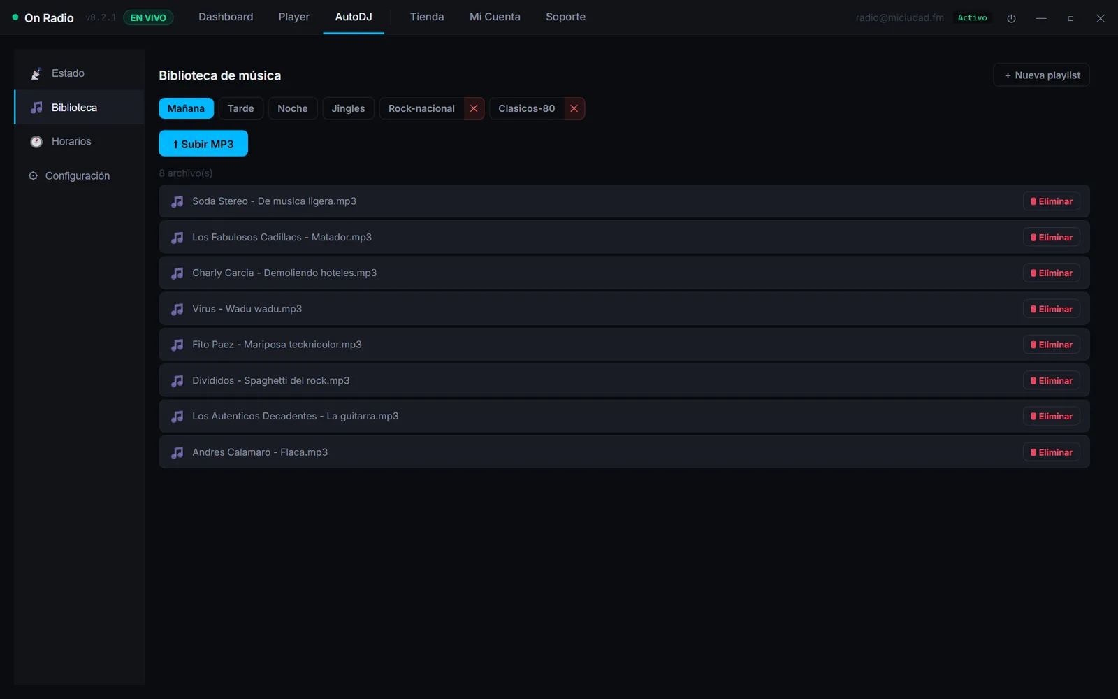 Biblioteca de música del AutoDJ de On Radio con playlists por horario